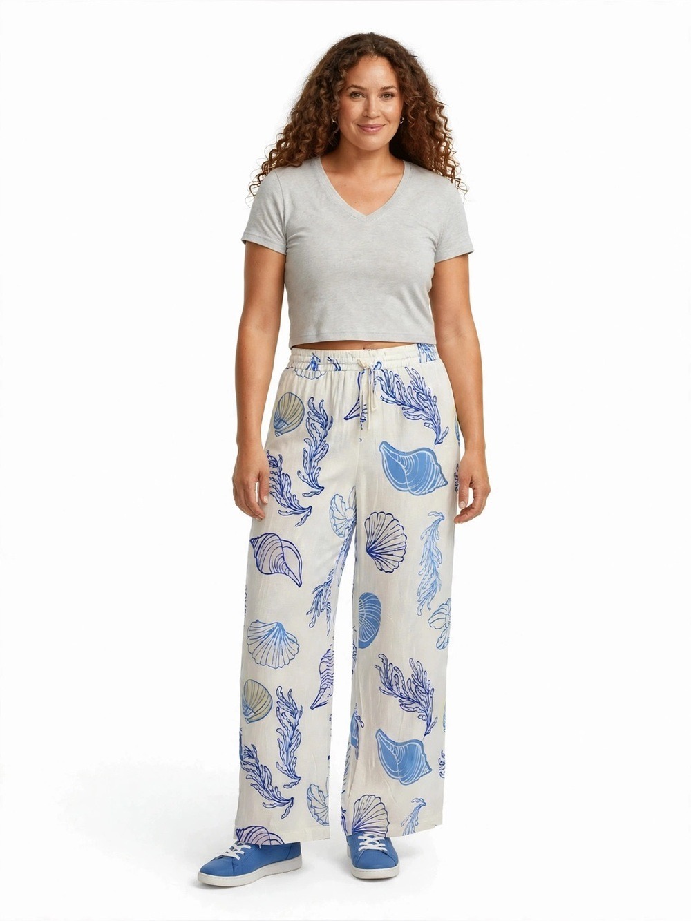 Illa Illa Seashell & Sea Plant Cream/Blue Wide Leg Pull-On Pants - Size L - Picture 5 of 11